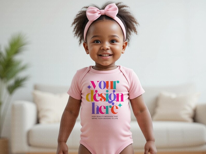 May include: A smiling baby wearing a pale pink bodysuit with the text "YOUR design HERE" in colourful letters. The baby also wears a matching pink bow headband. The background includes a white sofa and a plant.