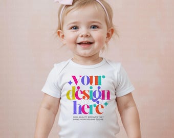 Baby Bodysuit Mockup, Color White Bodysuit Onesie Mockup, Short Sleeve Infant Fine Jersey Bodysuit Mockup, Baby Vest, Print on demand Mockup