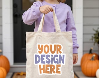 Kids Mockup, Cotton Canvas Tote Bag, Natural Tote Bag, Pumpkin Season, Autumn, Fall (Digital Download)
