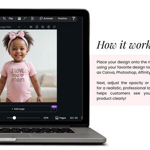 May include: A laptop screen shows a baby in a pink onesie with "I Love You Mom" text. The screen also displays a design software interface. Text on the right explains how to use mockups for product design.