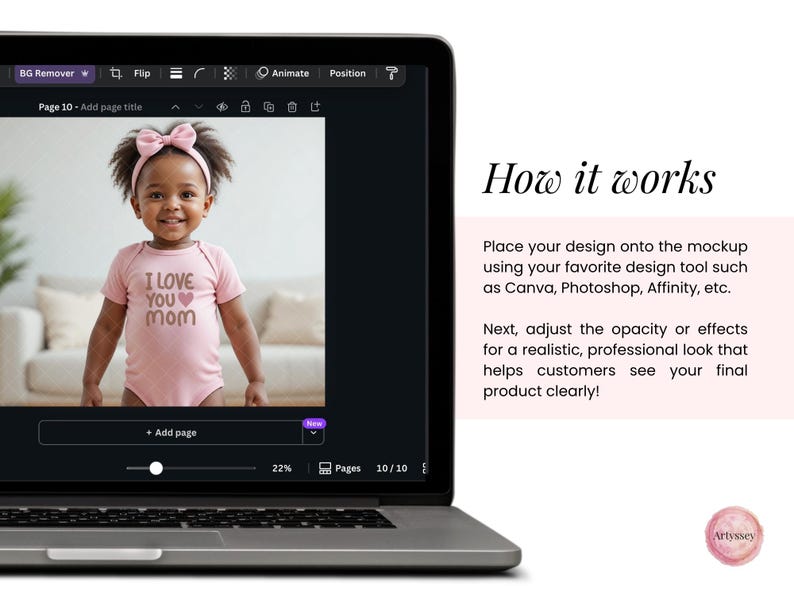 May include: A laptop screen shows a baby in a pink onesie with "I Love You Mom" text. The screen also displays a design software interface. Text on the right explains how to use mockups for product design.