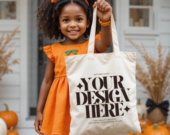 Halloween Tote Bag Mockup, Kids Mockup, Cotton Canvas Tote Bag, Natural Tote Bag, Pumpkin Season, Trick or Treat, Spooky, Digital Download