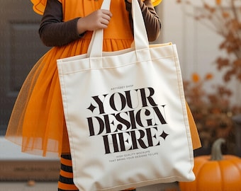 Halloween Tote Bag Mockup, Kids Mock up, Cotton Canvas Tote Bag, Natural Tote Bag, Pumpkin Season, Trick or Treat, Spooky, Digital Download