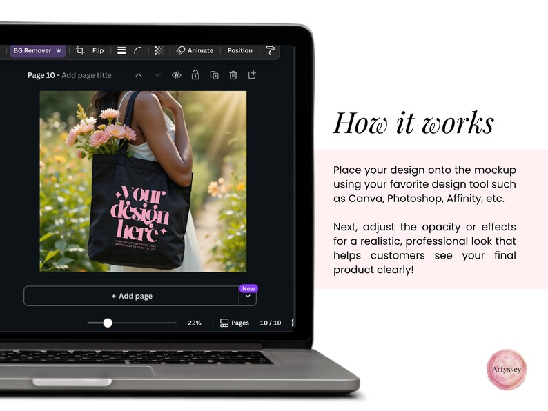 May include: A laptop screen displays a mockup of a black tote bag with the text "Your design here" in pink. The bag is filled with flowers. The screen also shows instructions on how to use the mockup.