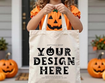 Kids Mockup, Halloween Cotton Canvas Tote Bag, Natural Tote, Pumpkin Season, Trick or Treat, Spooky, Store Graphics, Digital File