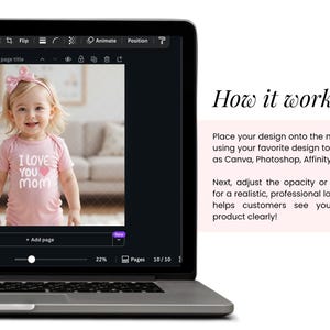 May include: A laptop screen displays a mockup of a baby wearing a pink onesie with "I Love You Mom" text. The screen also shows design software tools. Text on the right explains how to use the mockup.