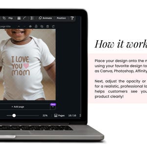 May include: A white baby onesie with the text "I LOVE YOU MOM" in brown letters and a pink heart. The onesie is displayed on a laptop screen, showcasing a mockup design.