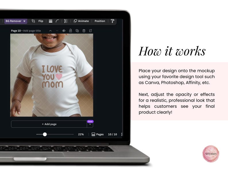 May include: A white baby onesie with the text "I LOVE YOU MOM" in brown letters and a pink heart. The onesie is displayed on a laptop screen, showcasing a mockup design.