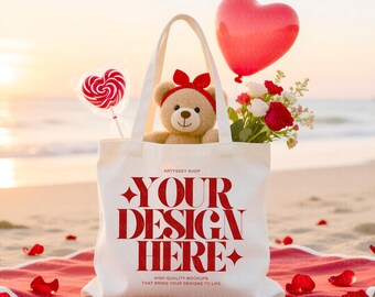 Valentines Day Mockup | Tote Bag Mock ups | Natural Cotton Canvas | Beach Background | Product Display | Store Graphics | Instant Download