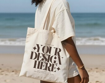 Summer Canvas Tote Bag Mockup, Beach Background, Store Graphics, Digital Download