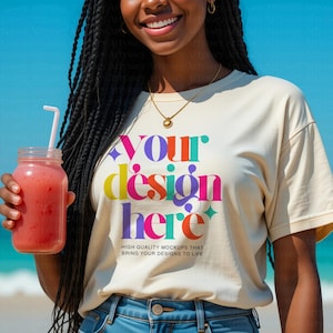 T-Shirt Mockup Color Ivory Oversized Shirt Mock ups, Summer Tee Mockup, Spring, Sunny, Beach Girl Mockup, Shirt Mockup for Women