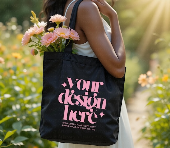 Black Tote Bag Mockup, Canvas Tote Mockups, Blank Tote Bag mockup, Eco Tote Bag Mockup, Lifestyle Tote Bag, Natural, Garden, Summer, 1 JPEG