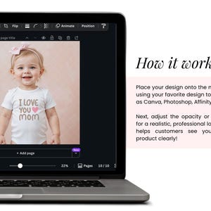 May include: A laptop screen displays a baby wearing a white onesie with "I LOVE YOU MOM" text and a pink heart. The screen also shows design software interface. Text on the right explains how to use the mockup.