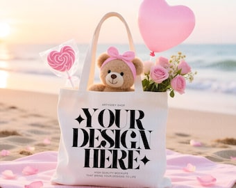 Valentines Day Mockup | Tote Bag Natural Cotton Canvas Mock up | Beach Background | Product Display | Store Graphics | Digital Download