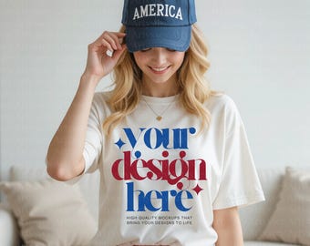 4th of July T-shirt Mockup, Ivory Shirt Mockup, Independence Day Mockup, Shirt for Women, Patriotic Mockup, Girl Tee Mockup