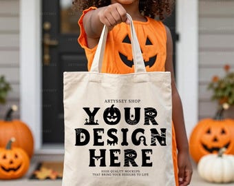 Kindermockup, Halloween draagtas, katoenen canvas, natuurlijke tas, pompoenseizoen, Trick or Treat, griezelig, winkelafbeeldingen, digitaal bestand