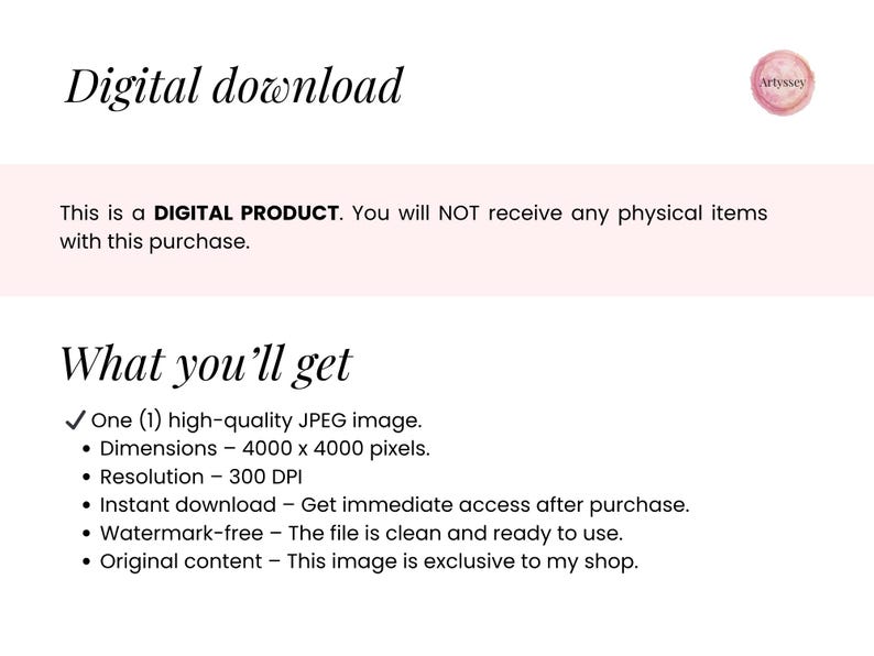May include: Digital download graphic with text. The image includes the words "Digital download" and "What you'll get". It also states that it is a digital product and you will not receive any physical items with the purchase.
