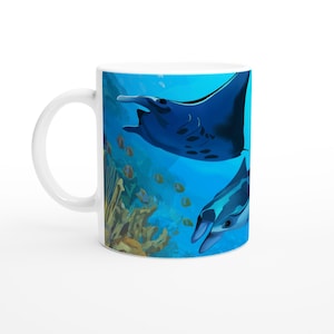 Manta Ray Coffee Mug – Ocean Lover Gift – Ceramic or Porcelain Cup - Marine Life Sea Print