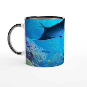 Manta Ray Coffee Mug – Ocean Lover Gift – Ceramic or Porcelain Cup - Marine Life Sea Print