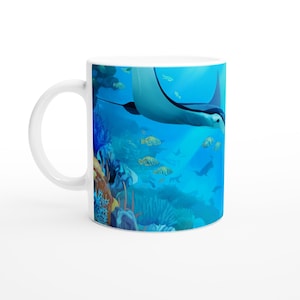 Manta Ray Coffee Mug – Ocean Lover Gift – Ceramic or Porcelain Cup - Marine Life Sea Print