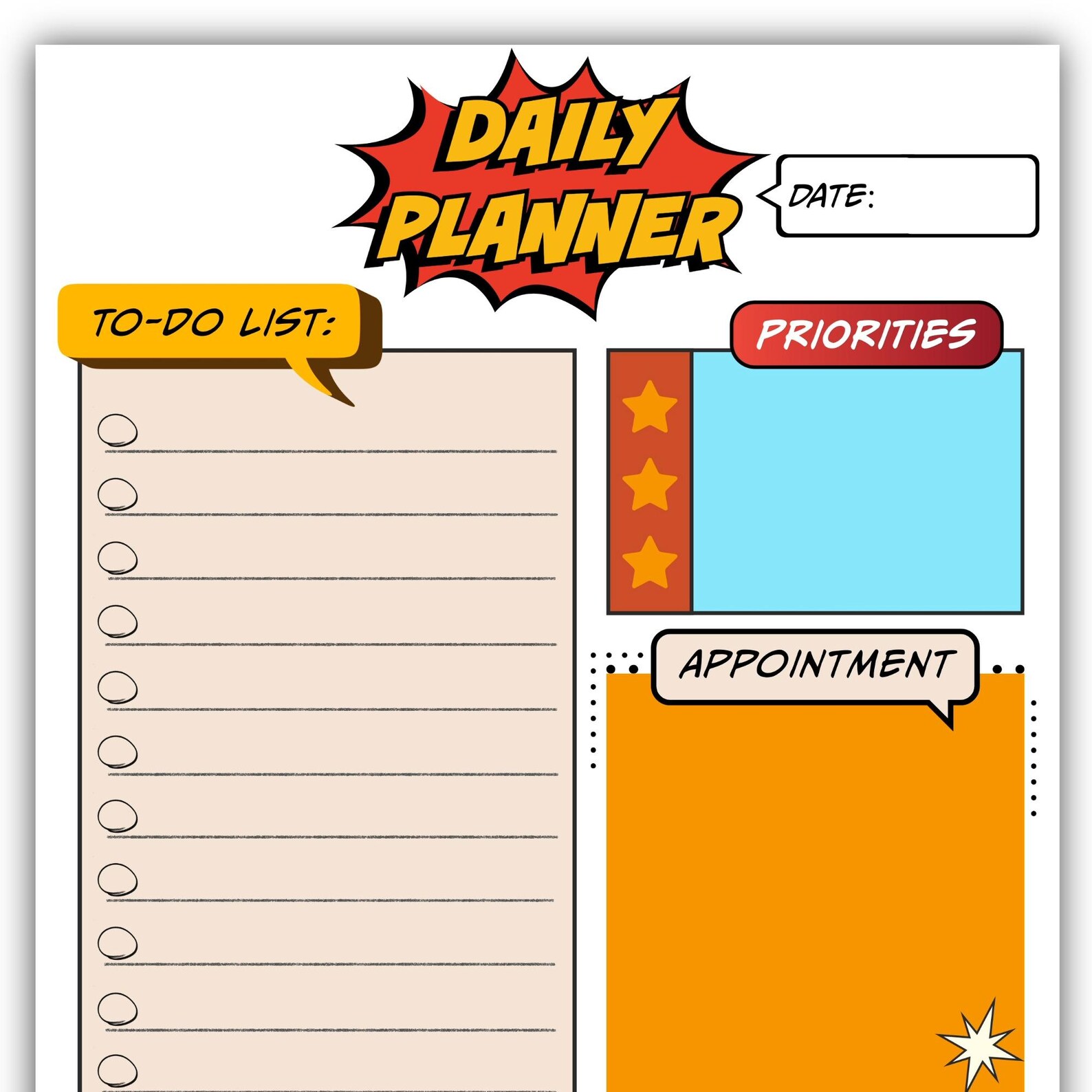 Comic Style Daily Planner Printable | Fun Pop Art Organizer | Undated ...