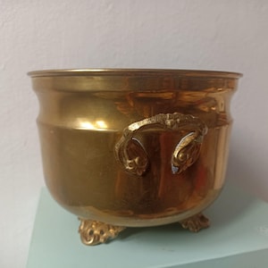May include: A gold-coloured metal planter with ornate handles and feet. The planter has a rounded body and a wide opening. The handles are detailed with decorative elements. The feet have a claw-like design. A decorative container.