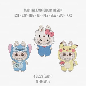 Op de afbeelding: Machine borduurontwerp met drie cartoonkonijnen verkleed als Stitch, Hello Kitty en Pikachu. Het ontwerp bevat de tekst "MACHINE EMBROIDERY DESIGN" en "4 SIZES (EACH) 8 FORMATS".