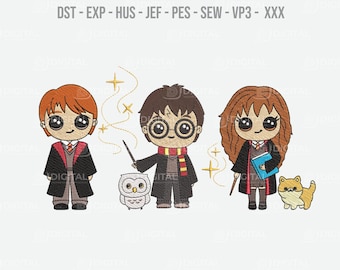 May include: Machine embroidery design featuring three cartoon characters with large eyes, wearing robes and holding wands. The characters are accompanied by an owl and a cat. Text at the top reads "MACHINE EMBROIDERY DESIGN". The bottom text says "3 SIZES (EACH) | 8 FORMATS".