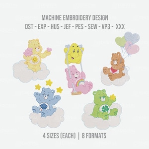 Könnte beinhalten: Maschinenstickdesign mit fünf bunten Cartoon-Bären auf Wolken. Die Bären sind gelb, rosa, blau, grün und braun. Das Design enthält den Text: MACHINE EMBROIDERY DESIGN, 4 SIZES (EACH) | 8 FORMATS.