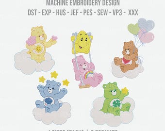 May include: Machine embroidery design featuring five colorful cartoon bears on clouds. The bears are yellow, pink, blue, green, and brown. The design includes text: MACHINE EMBROIDERY DESIGN, 4 SIZES (EACH) | 8 FORMATS.