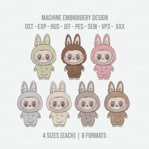 May include: Machine embroidery design featuring eight cartoon characters in bunny costumes. Each character has a unique colour scheme, including green, brown, and pink. The design includes the text "MACHINE EMBROIDERY DESIGN" and "4 SIZES (EACH) | 8 FORMATS".