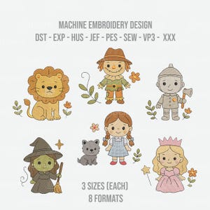 Wizard of Oz Cute Characters Set Machine Embroidery Design, Quick Stitch, 6 Models, 3 Sizes, 8 formats, Instant Download