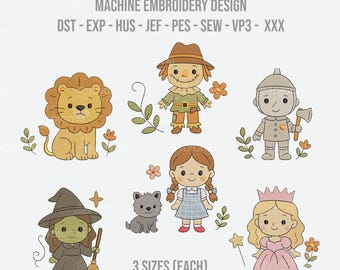 May include: Machine embroidery design featuring characters from The Wizard of Oz, including a lion, scarecrow, tin man, Dorothy, Toto, a witch, and a princess. The design includes the text "MACHINE EMBROIDERY DESIGN" and "3 SIZES (EACH) 8 FORMATS".