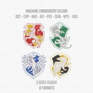 May include: Machine embroidery design featuring four crests with animal and shield designs. The crests are in red, green, blue, and gold with the text "3 SIZES (EACH) 8 FORMATS".