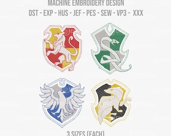 May include: Machine embroidery design featuring four crests with animal and shield designs. The crests are in red, green, blue, and gold with the text "3 SIZES (EACH) 8 FORMATS".