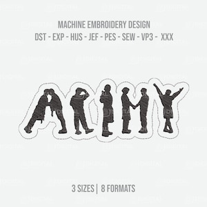 May include: Machine embroidery design featuring the word "ARMY" with stylized figures. The design includes the text "MACHINE EMBROIDERY DESIGN" and "3 SIZES | 8 FORMATS". The design is in black and white.