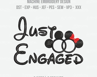 May include: Machine embroidery design with the words "Just Engaged" in black script. The design includes two interlocking circles with Mickey Mouse ears and a red bow. The image also includes the text "3 Sizes | 8 Formats".