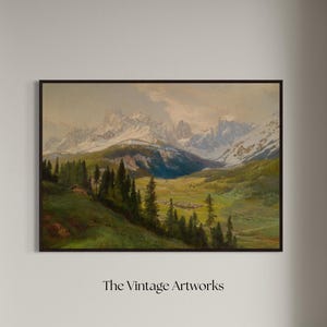 Alpine Mountain Landscape Printable Wall Art Digital Download Rustic Valley Cabin Nature Painting Snowy Peak Forest Decor