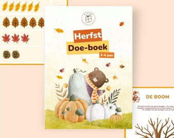 Puede incluir: Un libro de actividades infantiles titulado "Herfst Doe-boek" para niños de 3-4 años. La portada presenta un oso con bufanda, calabazas y hojas de otoño. También hay ilustraciones de bellotas y hojas.