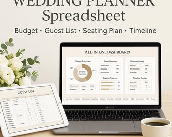 Wedding Planner Spreadsheet, All in One Wedding Budget Tracker, Guest List Manager, Wedding Timeline, Google Sheets, Bridal Organizer
