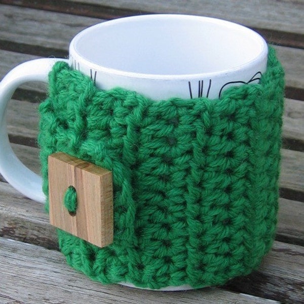 50% OFF Crochet Coffee Mug Cozy Bright Green Merino Wool Square Wood Button