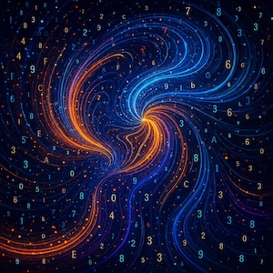 May include: An abstract digital artwork featuring swirling blue and orange light trails, with numbers and letters scattered throughout. The design evokes a sense of data and cosmic energy, with a central vortex.