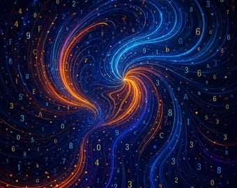 Swirling Data Streams Digital Print, Abstract Tech Wall Art, Blue & Orange Binary Code Poster, Instant Download