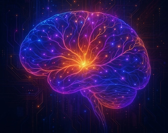 Stampa digitale Neon AI Brain, arte murale futuristica con reti neurali, poster tecnologico astratto, download immediato