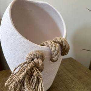 Boho Ceramic Vase White- Cream Special Textured & Rope – Minimalist Natural Clay Decor – Stone Texture Pottery – Modern Rustic Home Decor