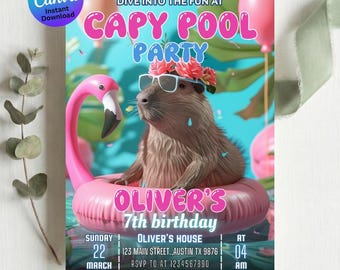 Capybara Birthday Invitation Template, Editable Cute Animal Party Invite Printable, Kids Birthday Digital Download