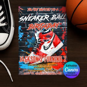 Invitación de cumpleaños de zapatillas / Invitación editable para fiesta de zapatillas y pelota / Descarga instantánea de Canva / Plantilla imprimible para niños
