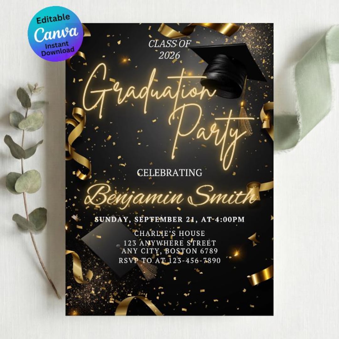 Graduation Party Invitation, Black and Gold Grad Party, Editable Canva ...