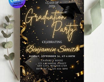 Graduation Party Invitation, Black and Gold Grad Party, Editable Canva Template, College Graduation Digital Download