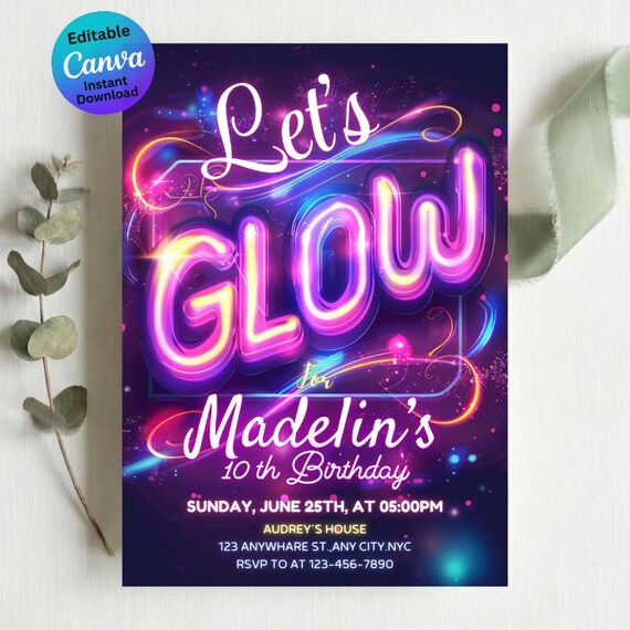 Glow Crazy Birthday Invitation, Neon Glow Party Invite, Let's Glow Birthday Editable Template, Glow in the Dark, Canva Digital Download